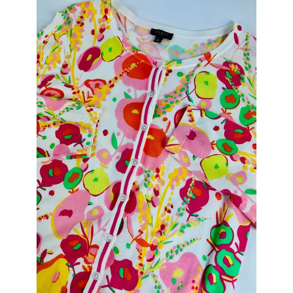 Talbots Small Floral Charming Cardigan Sweater Cotton Floral 3/4 Sleeve Bright - Picture 3 of 7